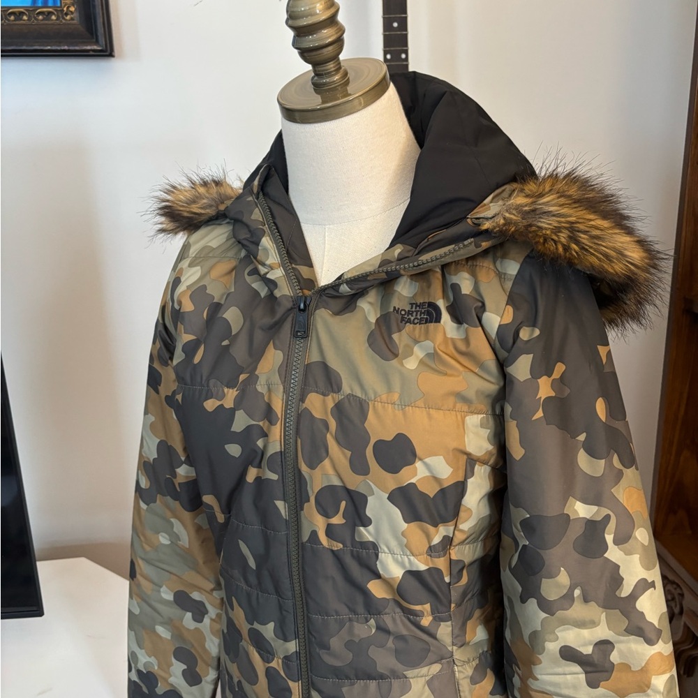 NORTH FACE Harway Jacket With Faux Fur Tin Burnt Olive Green Waxed Camo SZ Sm - Picture 3 of 8
